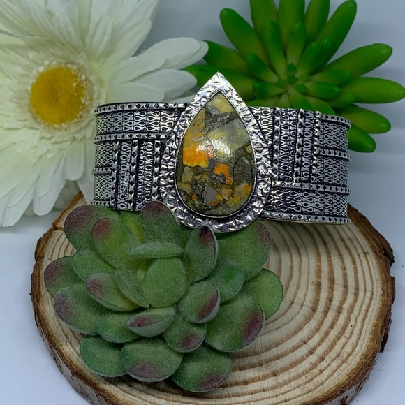 Copper Bumble Bee Jasper Silver Handmade Bangle Cuff - Picture 5 of 10